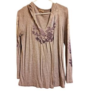 ❤️One World Women's Size Medium Gray V-Neck Pull-Over Sweater Hood Sequins